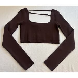 Ribbed Square Neck Long Sleeve Crop Top Chocolate Western Festival NWT Size L